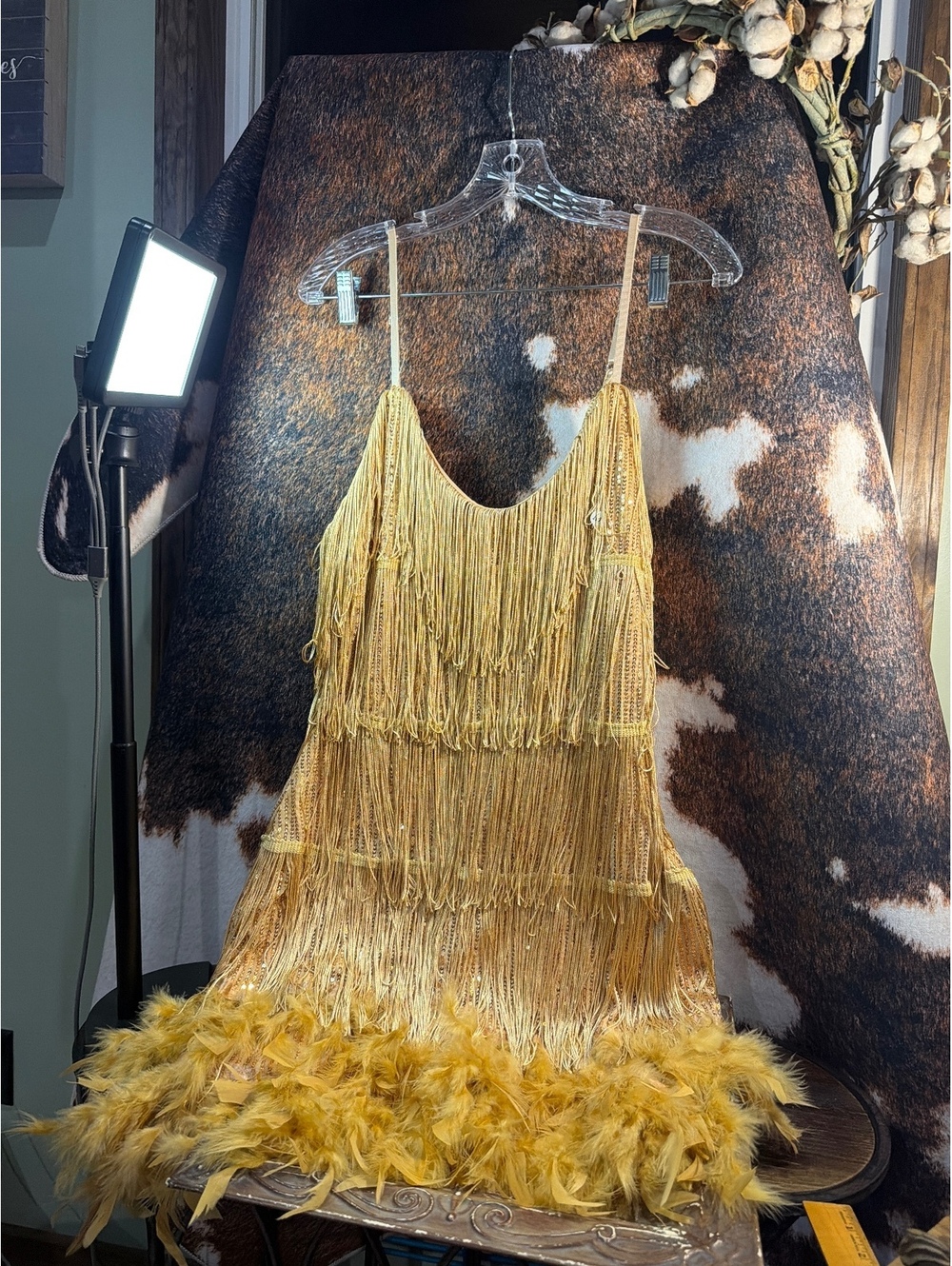 Vintage Flapper Style Gold Fringe Dress with Feather Hem - Size Large